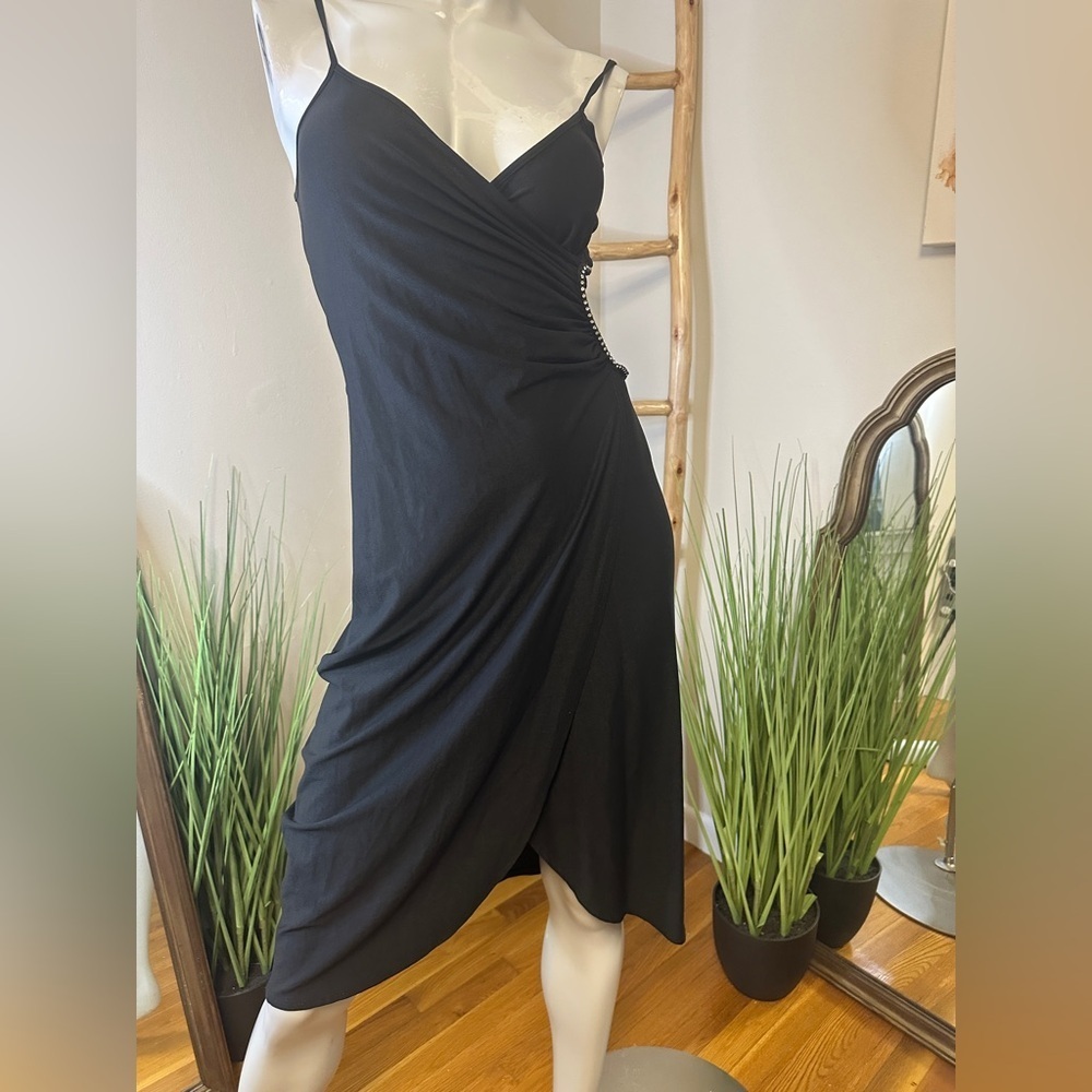 Bebe Black Wrap Dress With Lace and Rhinestone Cutout On Left Side VINTAGE Y2K
